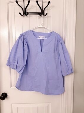 Chico's Sky Blue Pinstripe Puff-Sleeve Top